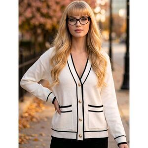 🔹️Truth Ivory Buttoned Deep Vneck Cardigan Sweater Small